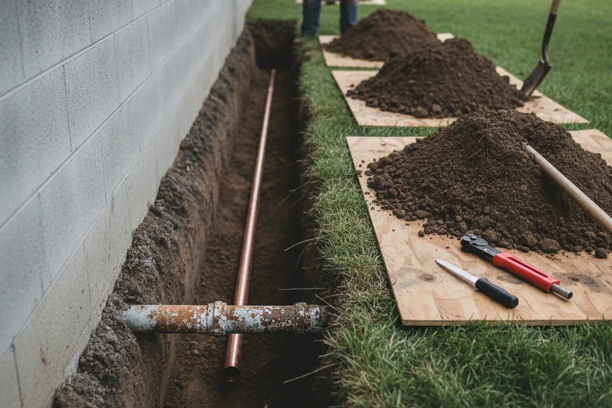 Excavated water line trench during Water Heater Repair in Colfax